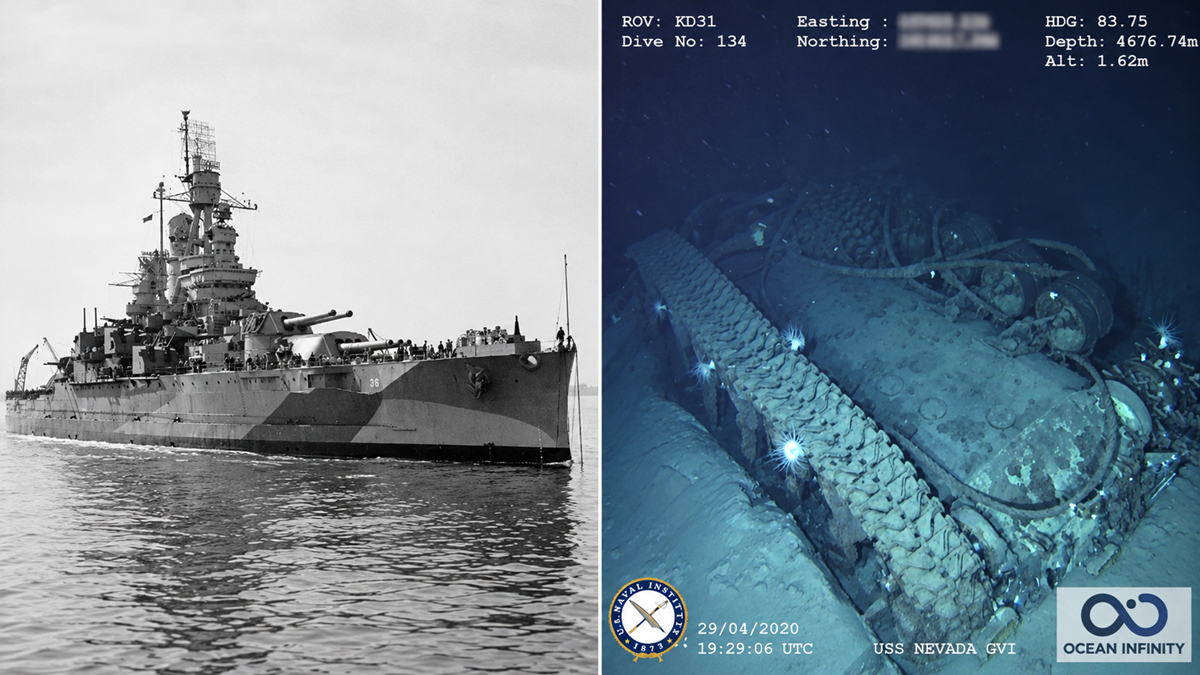 A side-by-side comparison of the USS Nevada battleship on the water and an underwater ROV view of the shipwreck on the ocean floor.