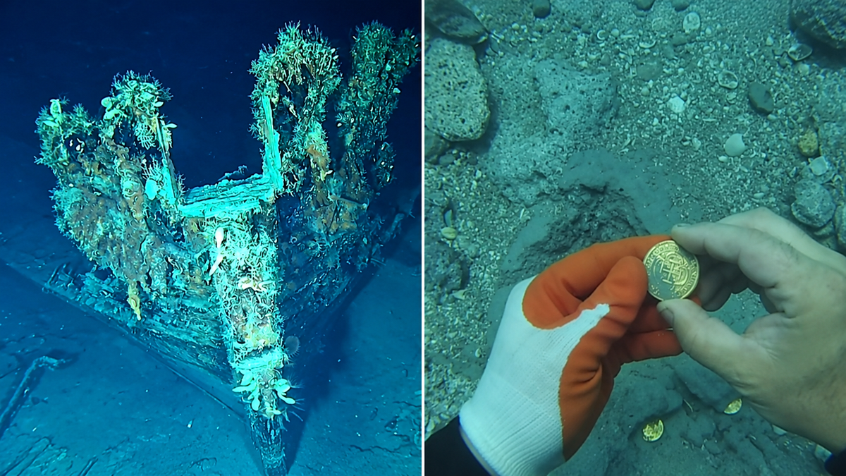 A split image showing the mossy, underwater remains of a shipwreck on the left and a gloved hand holding a gold coin discovered on the sandy seafloor on the right.