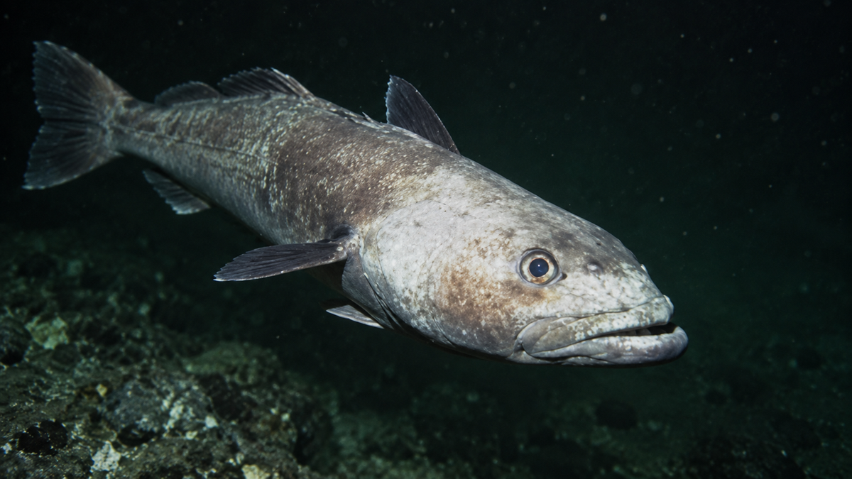 A large, gray fish swims underwater near the rocky ocean floor, its mouth slightly open and fins spread, against a dark, murky background.
