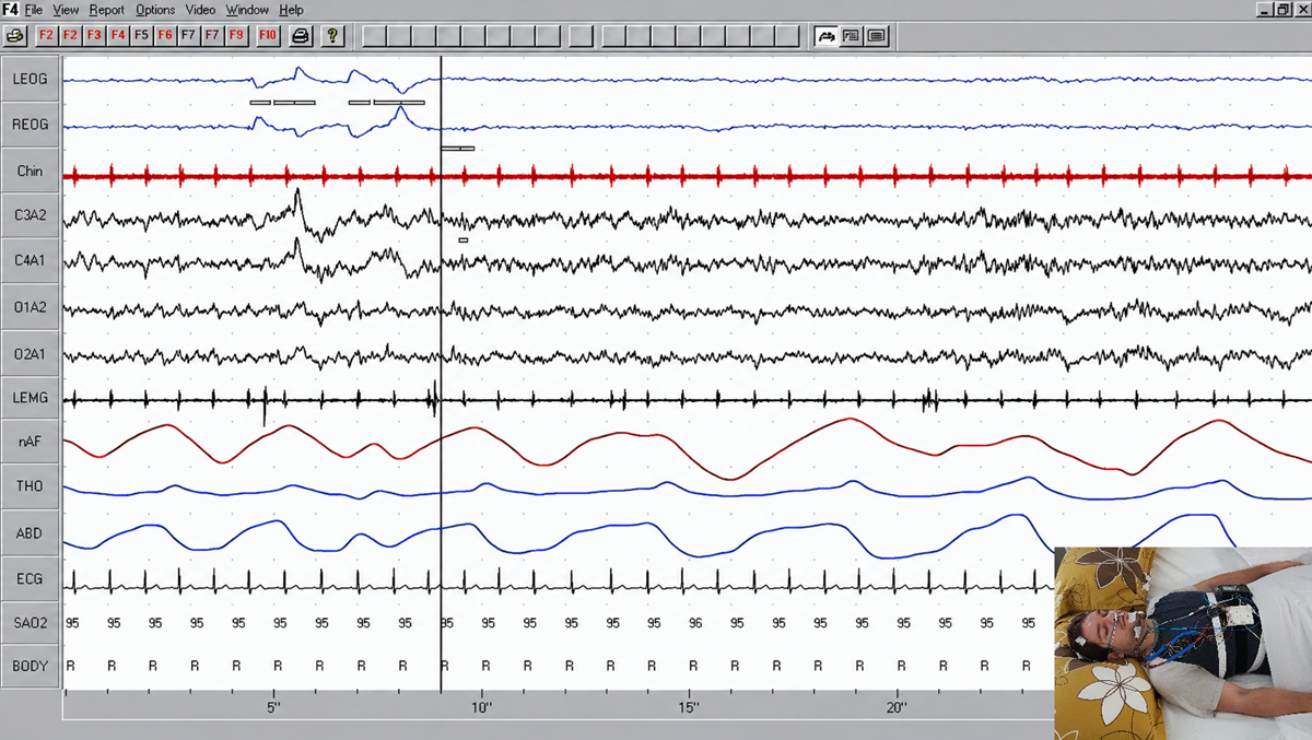 A screen capture of a polysomnography sleep study displaying physiological waveform data, with an inset image of a person sleeping in a bed while connected to medical monitoring equipment.