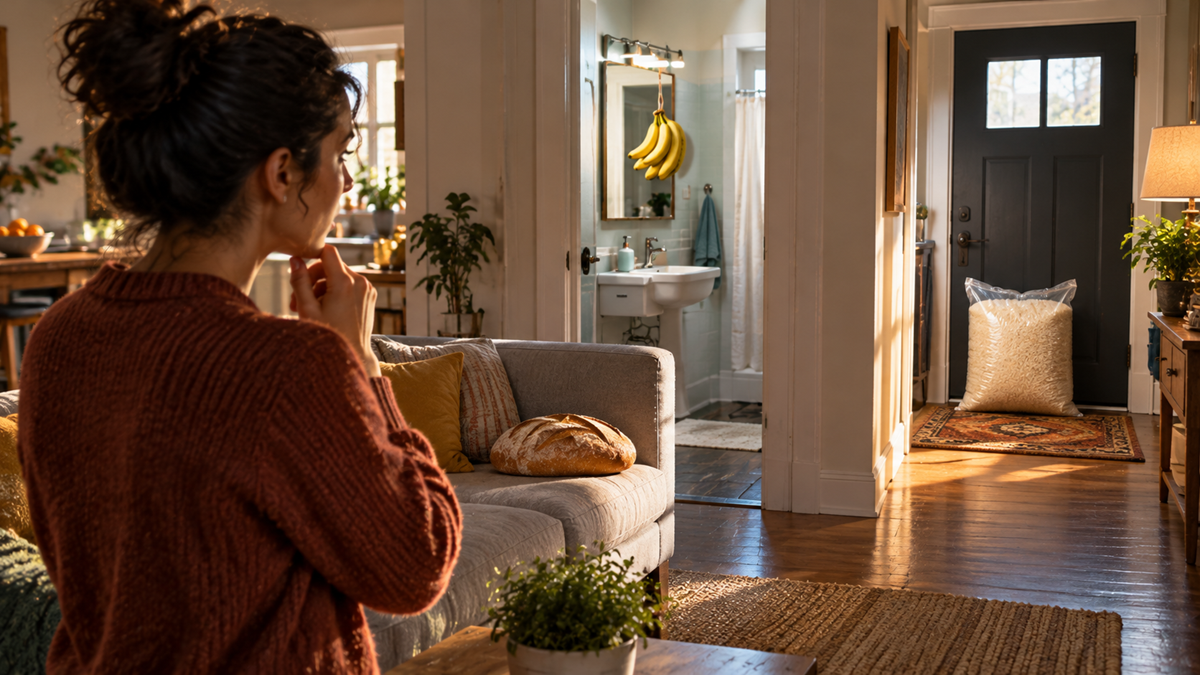 A person looks toward a large bag of grain sitting by an entryway in a sunlit living room.