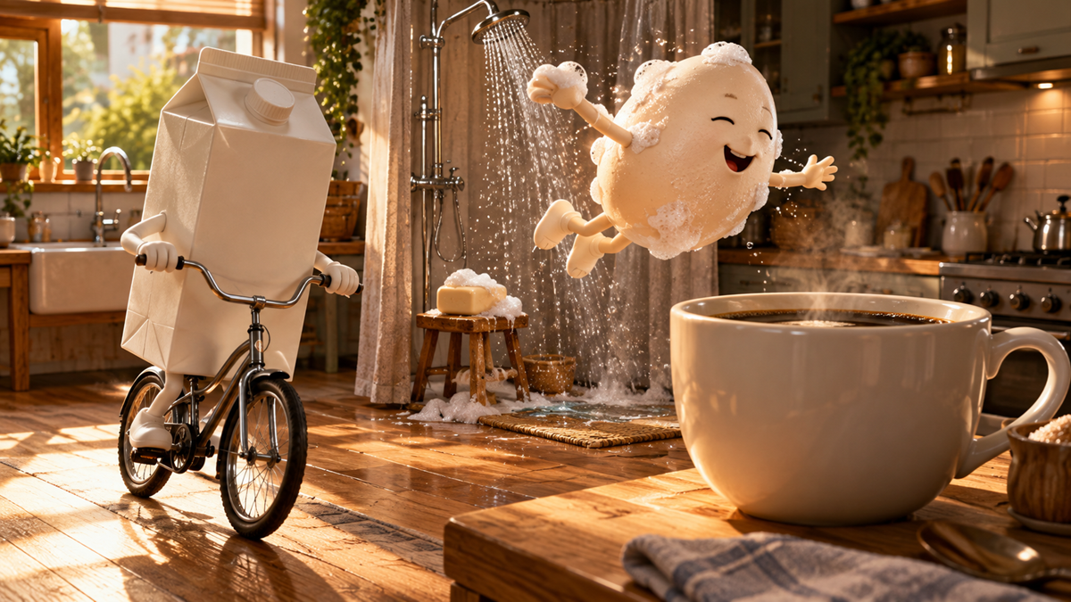 A carton of milk on a bicycle watches a soap-covered potato character jumping through a shower stream toward a large mug of coffee in a kitchen.