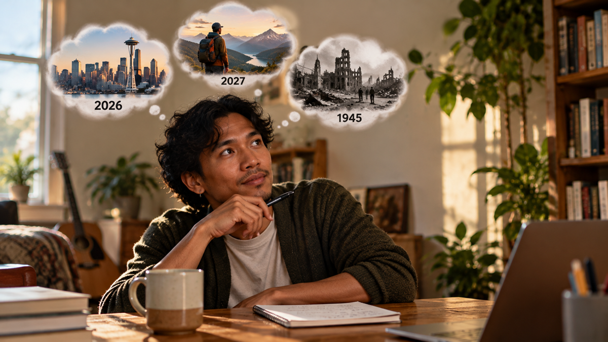 A person sitting at a desk thinks about three images: a city skyline labeled “2026,” a hiker overlooking mountains labeled “2027,” and a war-torn landscape labeled “1945.”