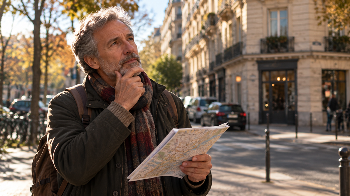 A middle-aged man with a gray beard and a scarf stands on a city street, looking up thoughtfully while holding a paper map.
