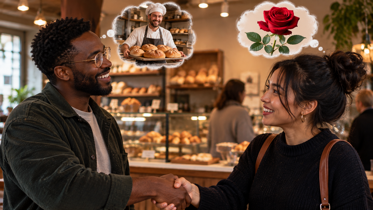 A man and woman shaking hands in a bakery, with thought bubbles showing a baker with bread and a red rose.