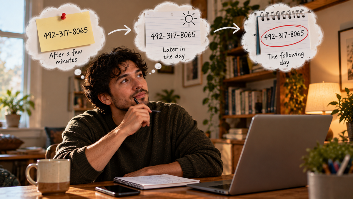 A man sitting at a desk with a thought bubble showing the number 492-317-8065 progressing through stages: a sticky note, a sun icon, and a circled final version.