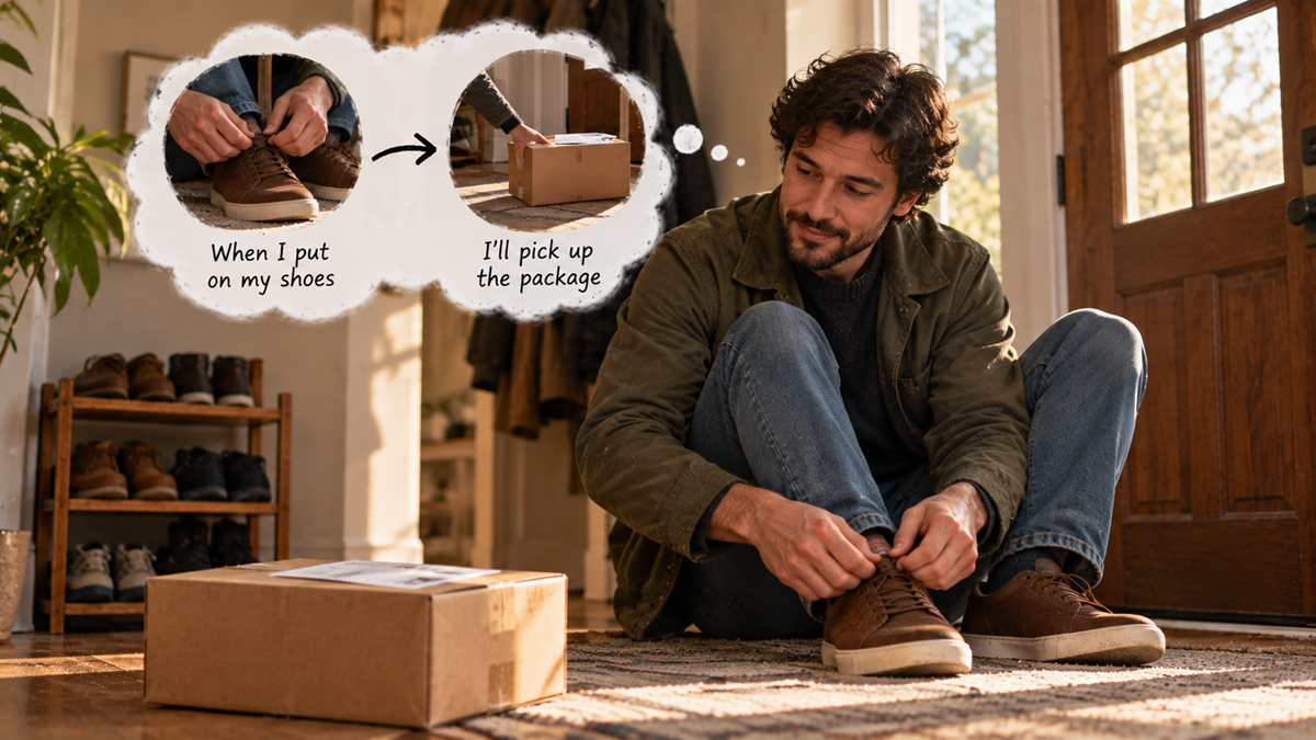 A man sitting on the floor tying his brown shoes, with a thought bubble illustrating the sequence of tying his shoes before picking up a cardboard package.