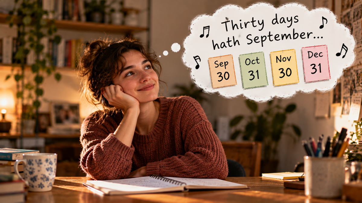 A woman sitting at a desk smiles while thinking of a thought bubble displaying the rhyme “Thirty days hath September” and four calendar pages showing the days in September, October, November, and December.