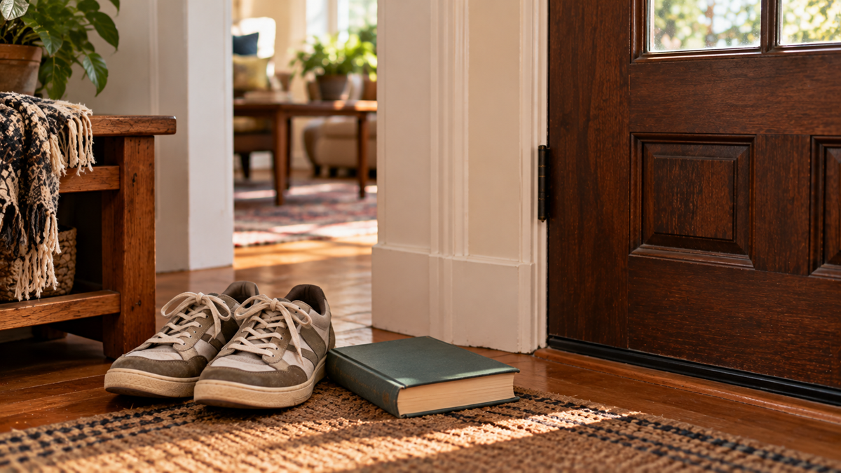 A pair of sneakers and a closed book sit on a doormat by an entryway.