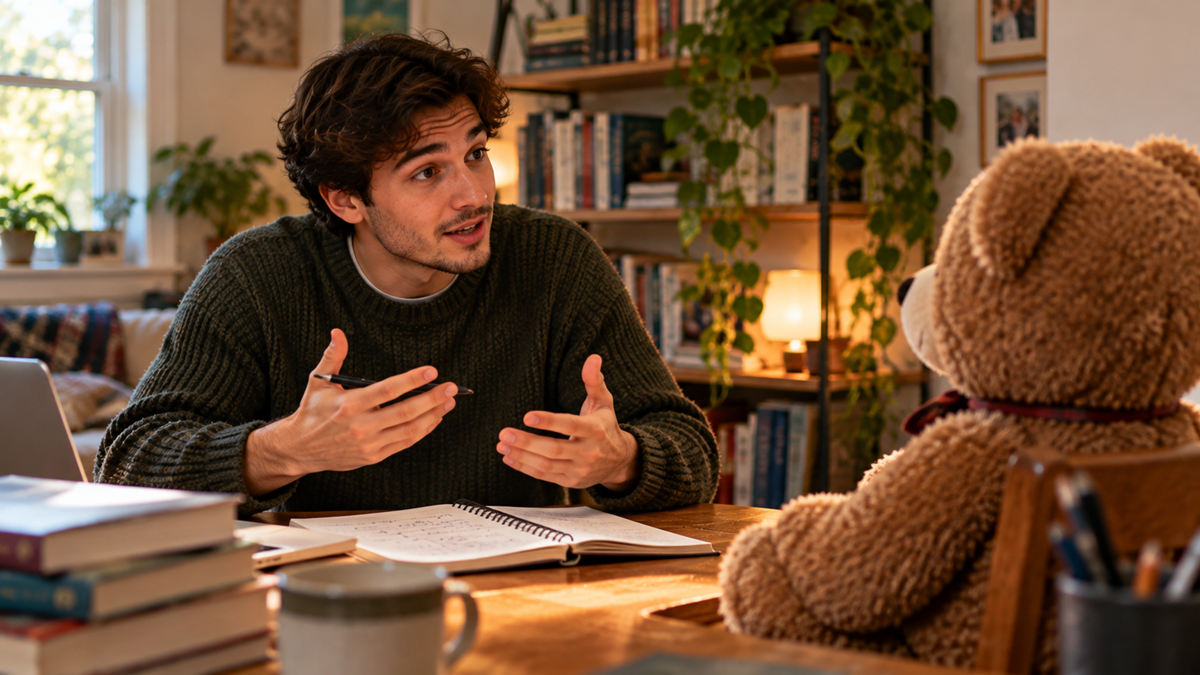 A young man sits at a desk, gesturing with his hands while talking to a teddy bear placed across from him.