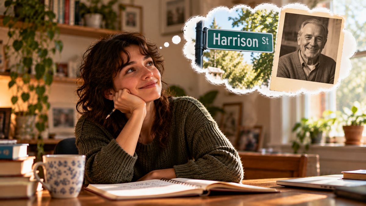 A woman sits at a desk with her chin in her hand, daydreaming about a Harrison Street sign and a photograph of an older man.