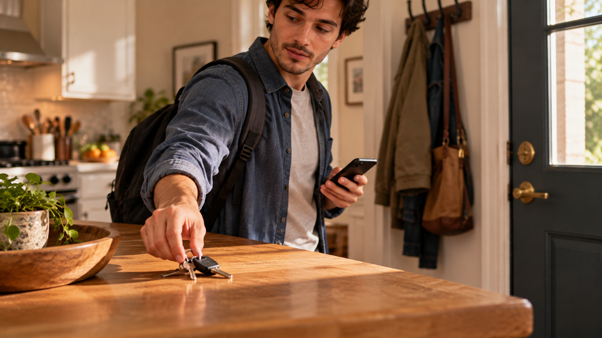 A young man with a backpack holds a smartphone as he places keys on a wooden kitchen counter.