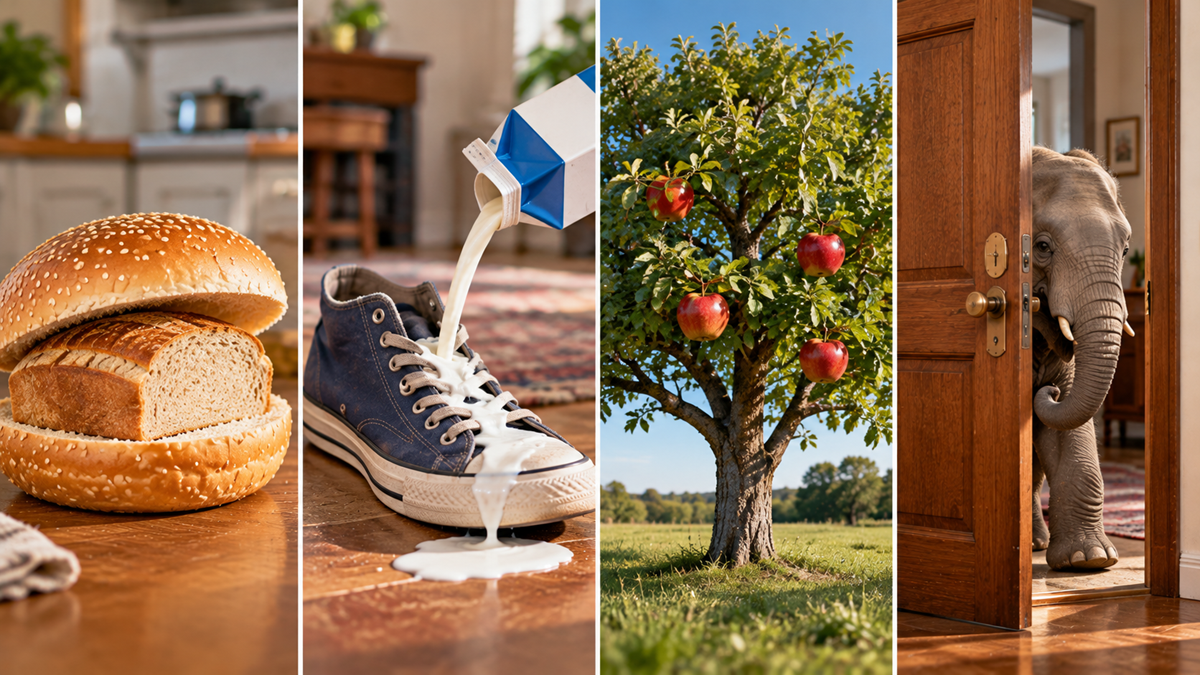 A four-panel collage showing a loaf of bread inside a hamburger bun, milk being poured into a blue sneaker, an apple tree in a field, and an elephant looking through an open wooden door.