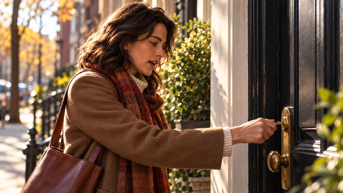 Memory tricks. A woman in a brown coat and scarf unlocks a black front door with a key.