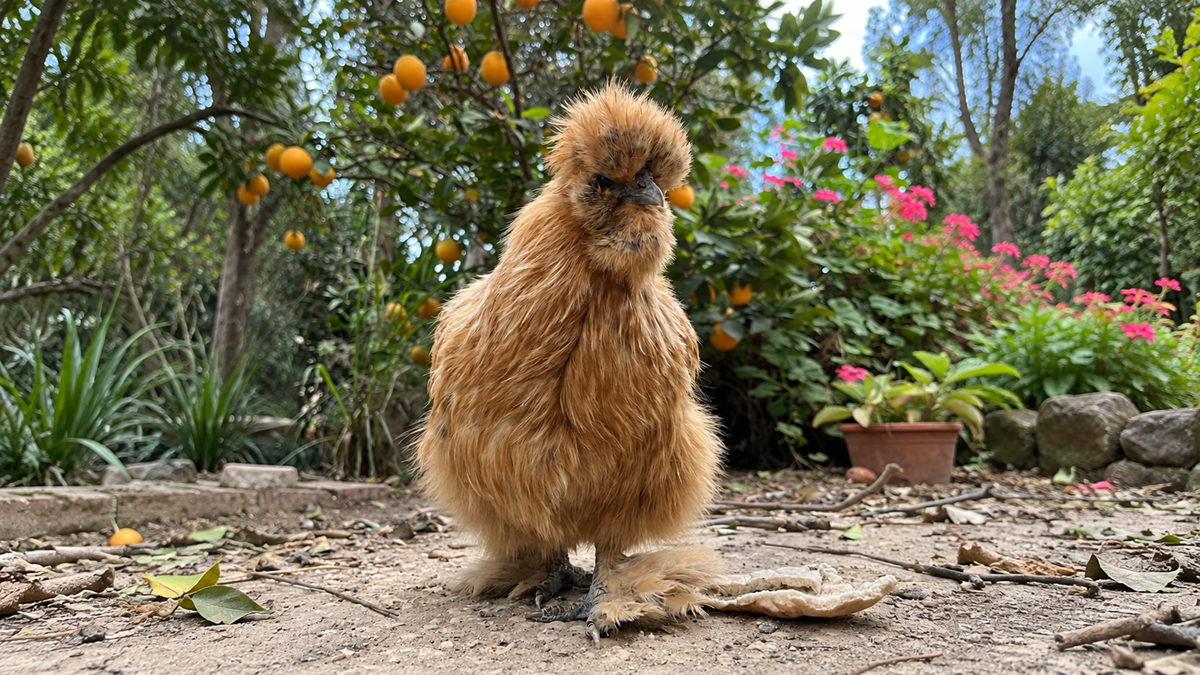 A fluffy, light brown Silkie chicken stands on a dirt path in a garden with fruit trees.