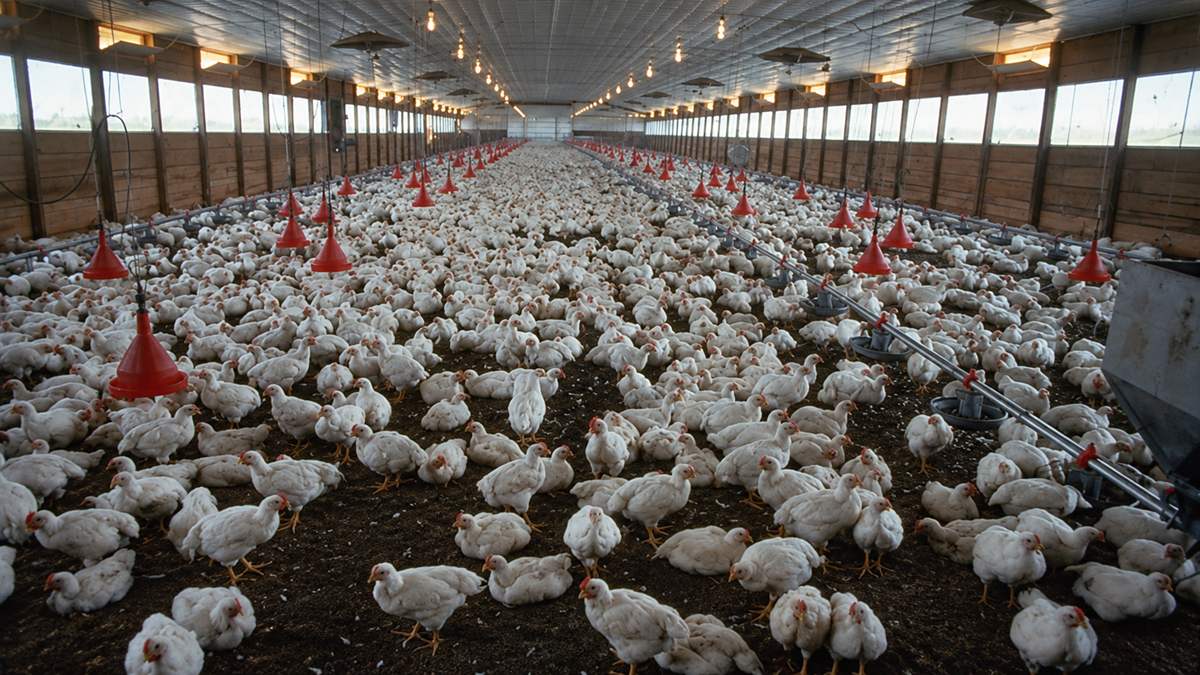 A large flock of white chickens inside a long, industrial poultry barn with rows of hanging red feeders.