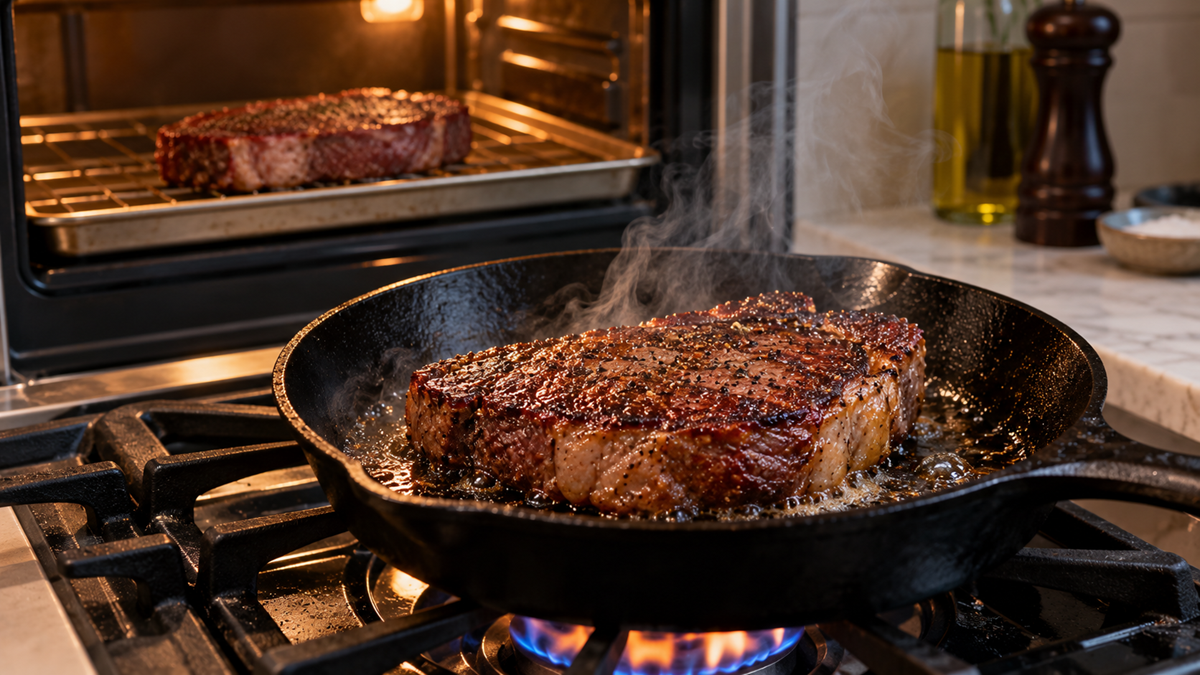 A seasoned steak searing in a cast-iron skillet on a stovetop burner, with another steak cooking in an oven in the background.