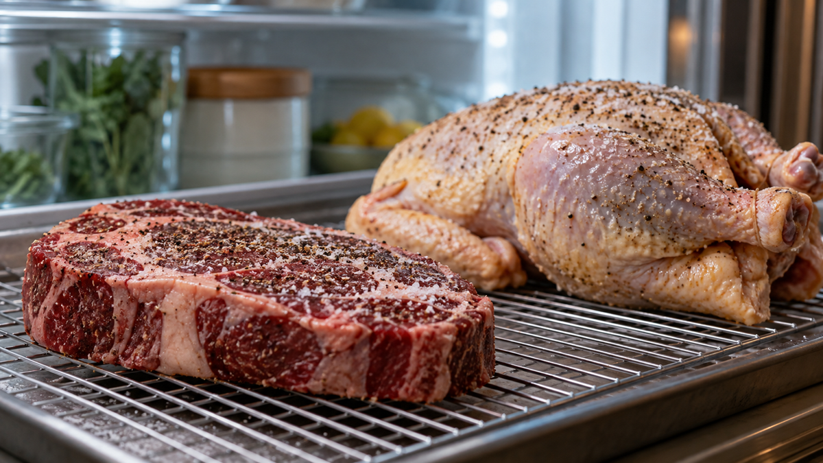 A raw seasoned ribeye steak and a whole seasoned chicken on a wire cooling rack inside a refrigerator.
