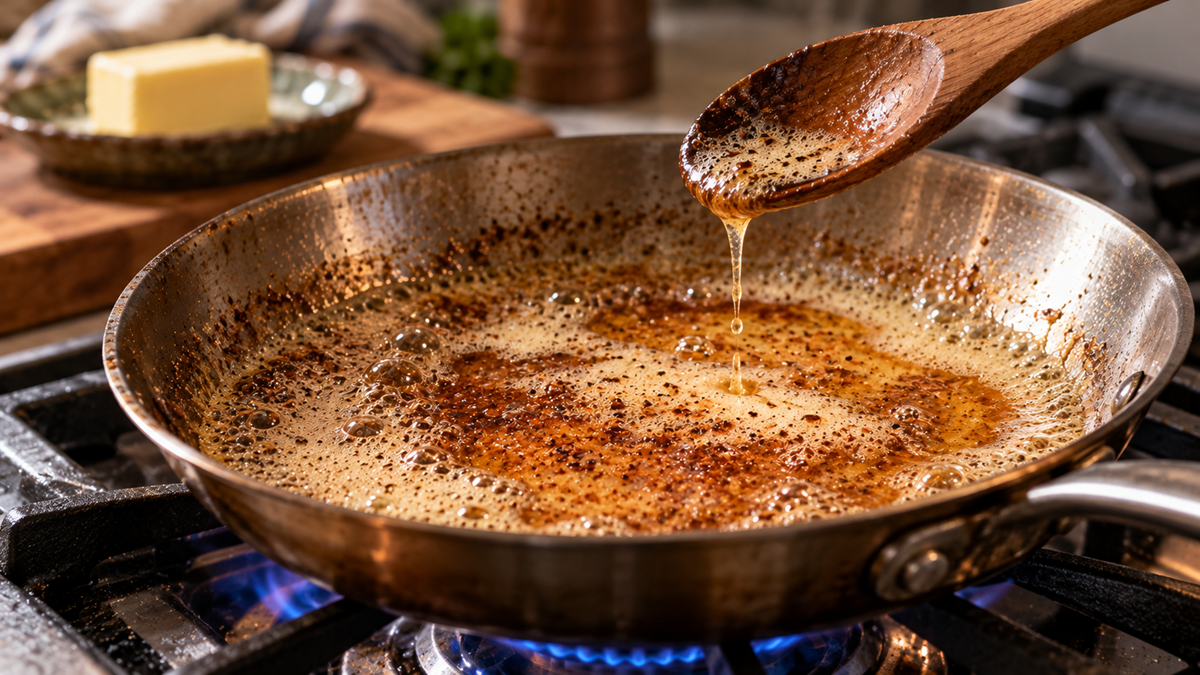 A wooden spoon drizzles browned butter from a stainless steel skillet cooking on a gas stovetop.