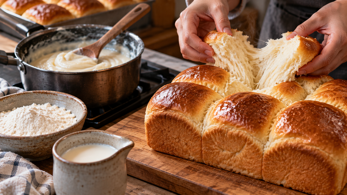 Hands pulling apart a golden-brown pull-apart roll on a wooden board, with a saucepan of cream and bowls of flour and milk nearby.