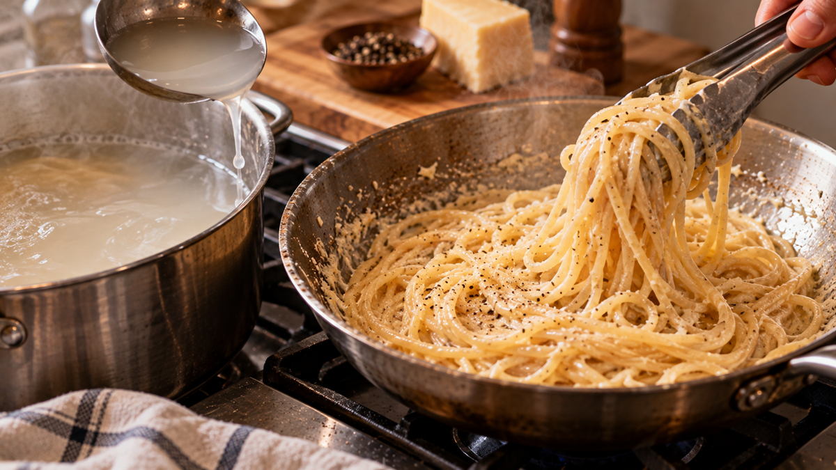 Tongs toss spaghetti carbonara in a stainless steel pan while a ladle pours pasta water into a nearby pot.