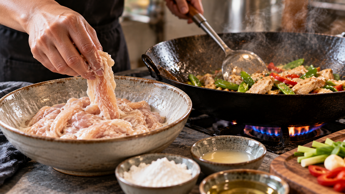 A chef holds a piece of raw marinated chicken over a bowl while cooking a vegetable stir-fry in a wok over a gas flame.