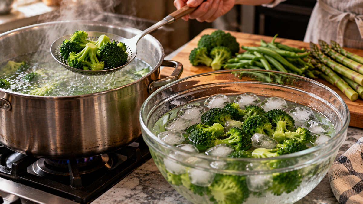 A slotted spoon lifts blanched broccoli from a pot of steaming water, while a glass bowl of broccoli florets sits in an ice water bath nearby.