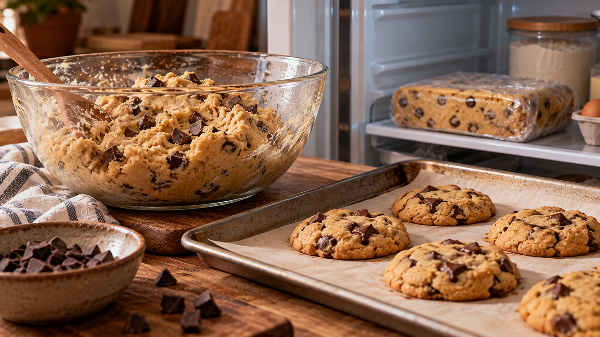 A glass bowl of chocolate chip cookie dough, a small bowl of chocolate chunks, and a baking sheet with four baked cookies on a wooden counter, with more dough wrapped in plastic inside an open refrigerator.