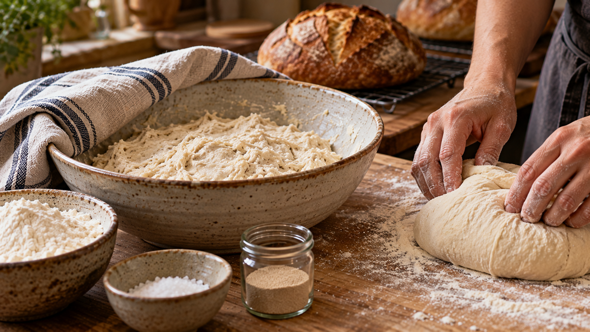 A person’s hands knead a ball of dough on a flour-dusted wooden surface, with bowls of flour, salt, and yeast, and a bowl of rising dough nearby.