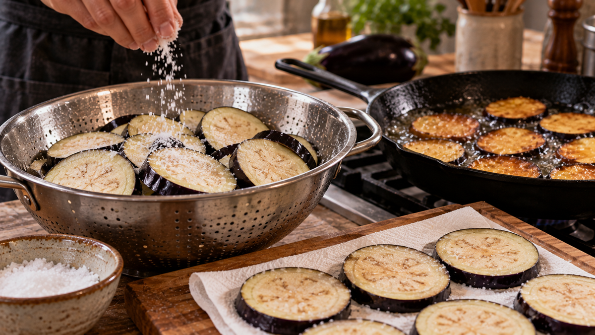 A person sprinkles salt over sliced eggplant in a metal colander, while other eggplant slices fry in a pan nearby.