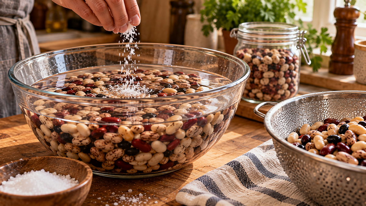 A hand sprinkles salt into a glass bowl filled with water and a variety of dried beans.