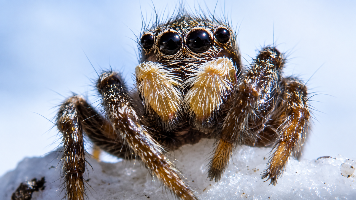 Close-up of a hairy jumping spider with multiple eyes and detailed facial features, standing on a white surface against a blurred light background.
