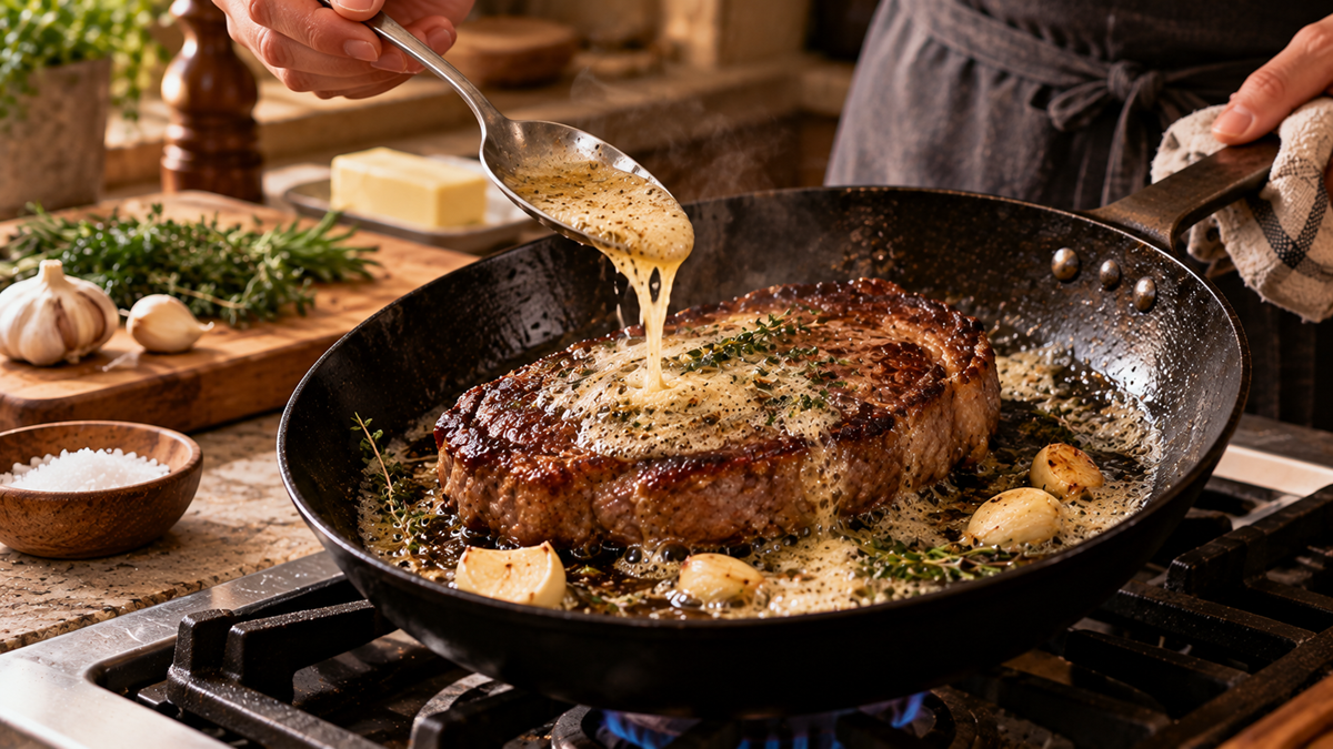 A chef spoons melted herb butter over a seared steak cooking in a cast-iron skillet.