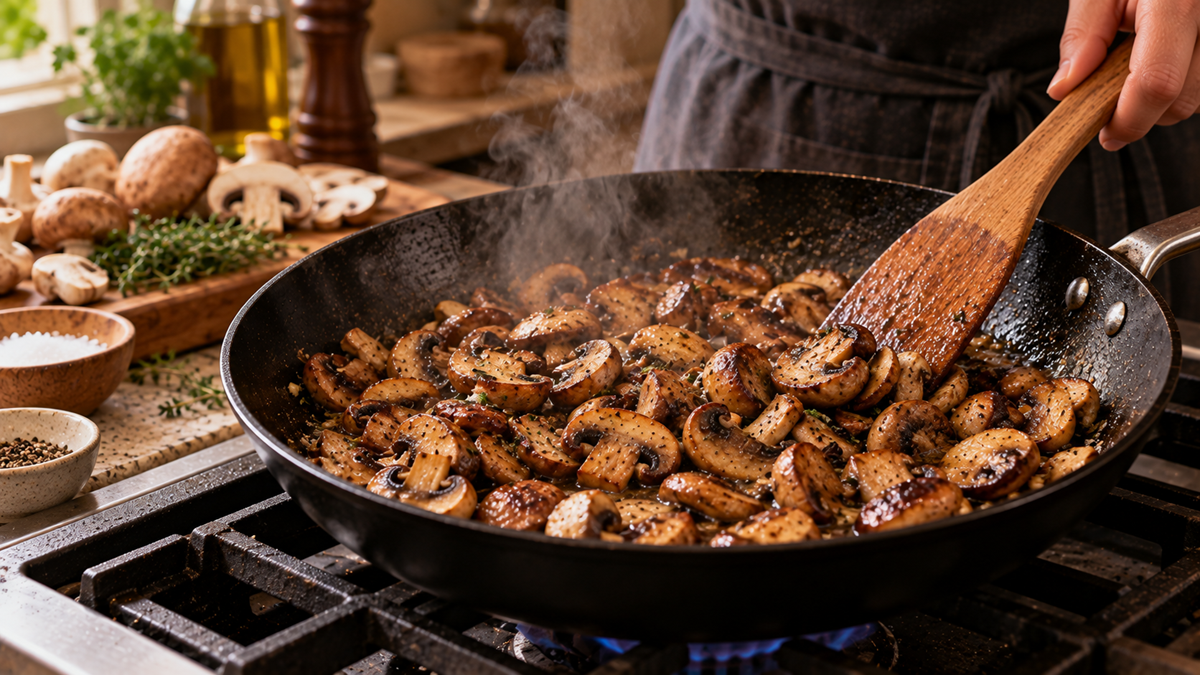 A person stirs sliced mushrooms in a steaming skillet on a stovetop.