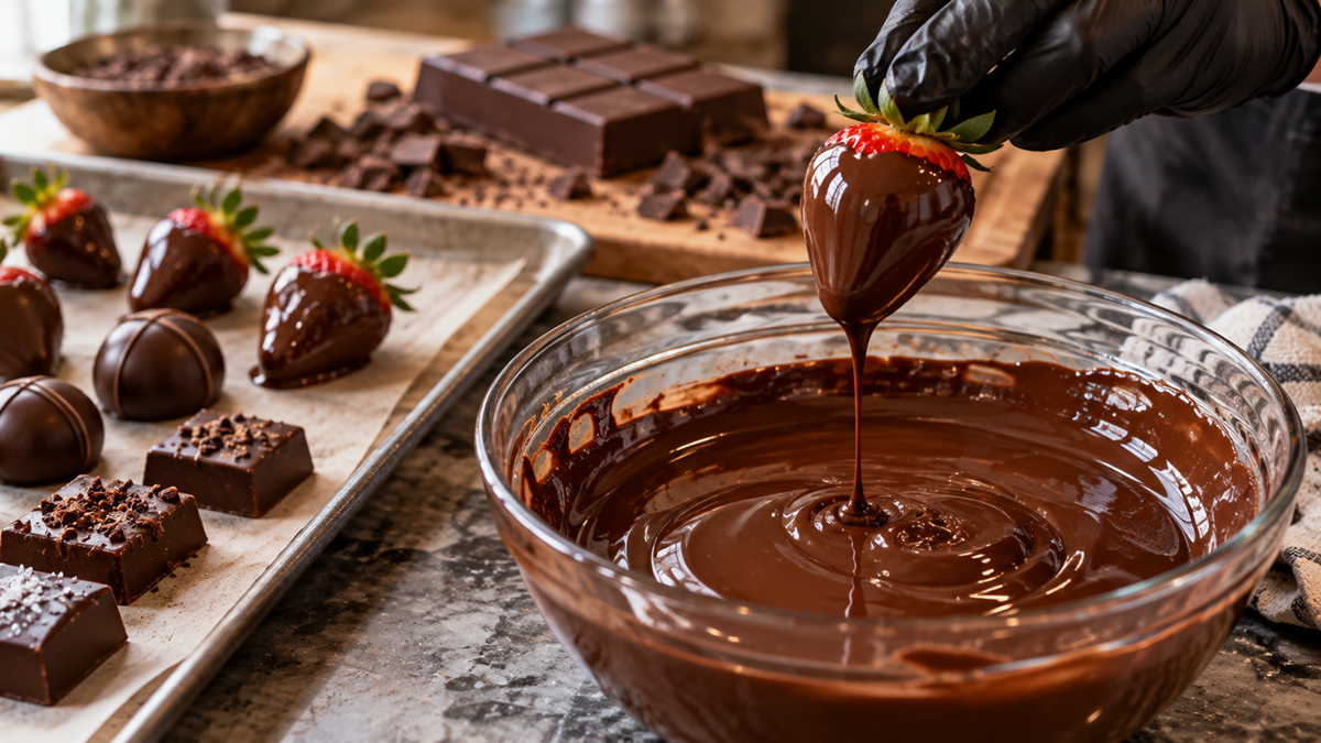 A hand in a black glove dips a fresh strawberry into a glass bowl of melted chocolate, with a tray of finished chocolate-dipped strawberries and candies nearby.