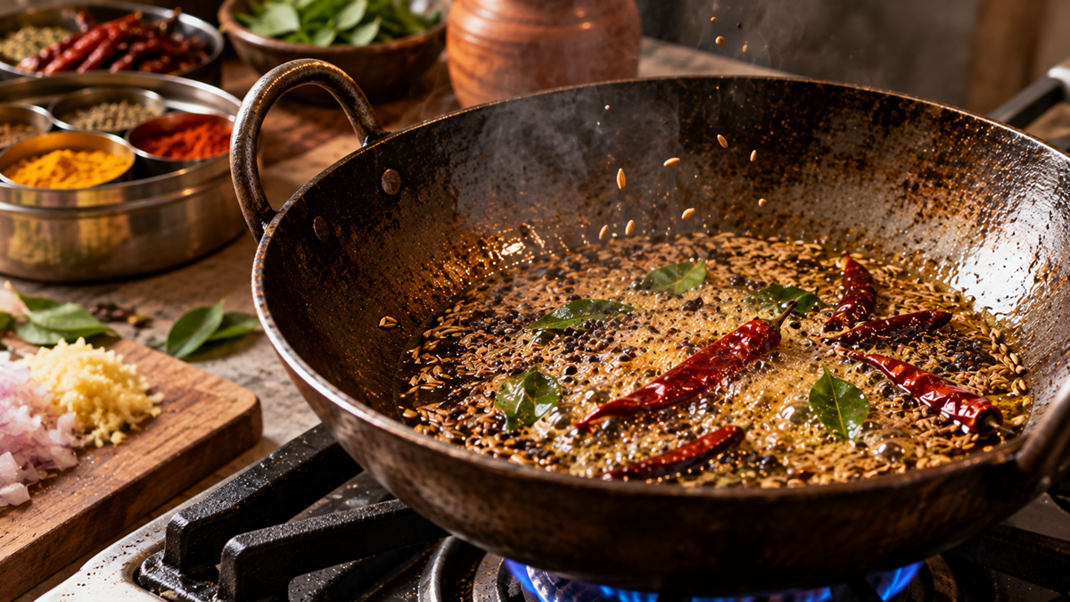 Whole spices, curry leaves, and dried red chilies sizzling in hot oil in a wok.