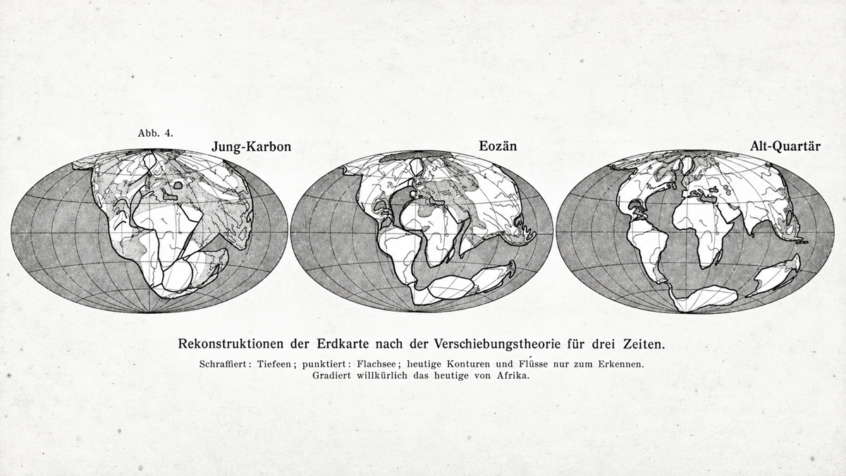 Science. Three historical world map reconstructions labeled Jung-Karbon, Eozän, and Alt-Quartär, showing the shifting positions of continents over time.