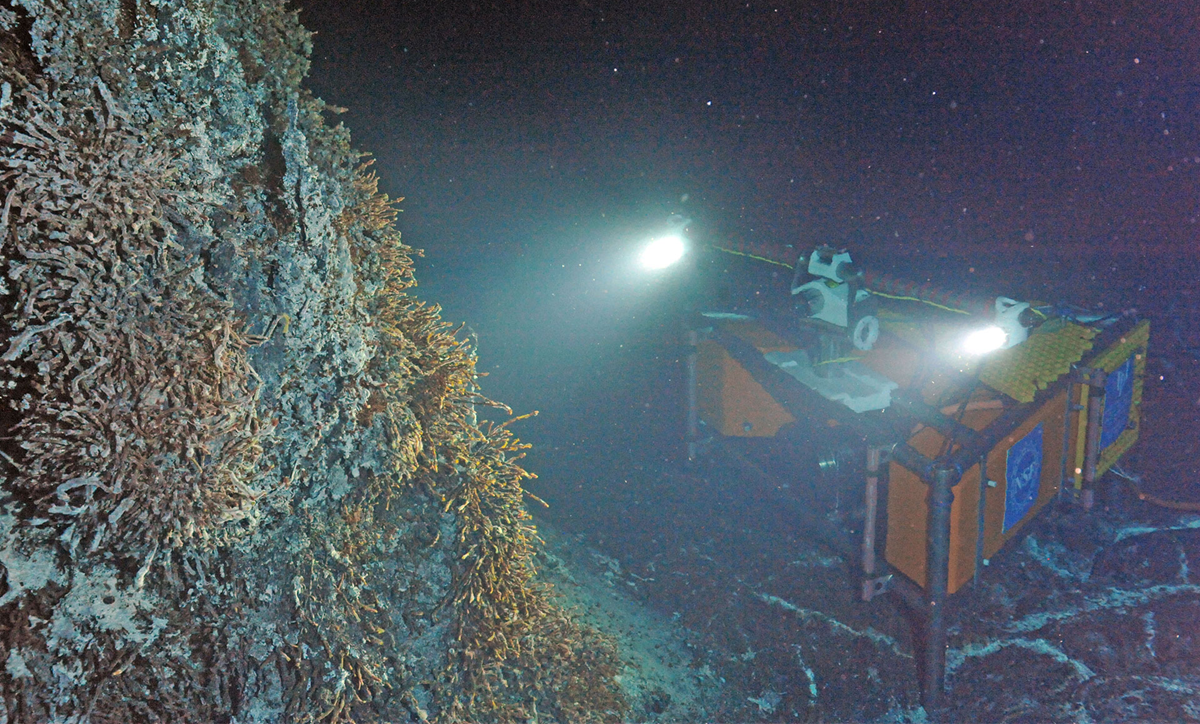 An underwater rover with bright headlights illuminates a dark rocky wall covered in coral on the ocean floor.