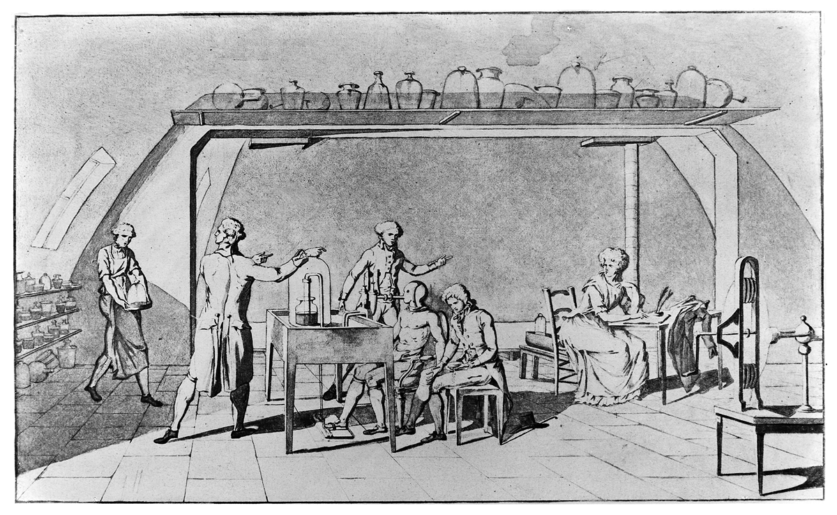 A drawing of an 18th-century laboratory with men performing an experiment on a seated subject, while a woman writes at a table and shelves hold various glass vessels.