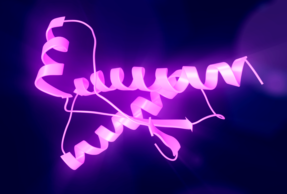 A glowing pink 3D ribbon diagram of a protein structure against a dark background.