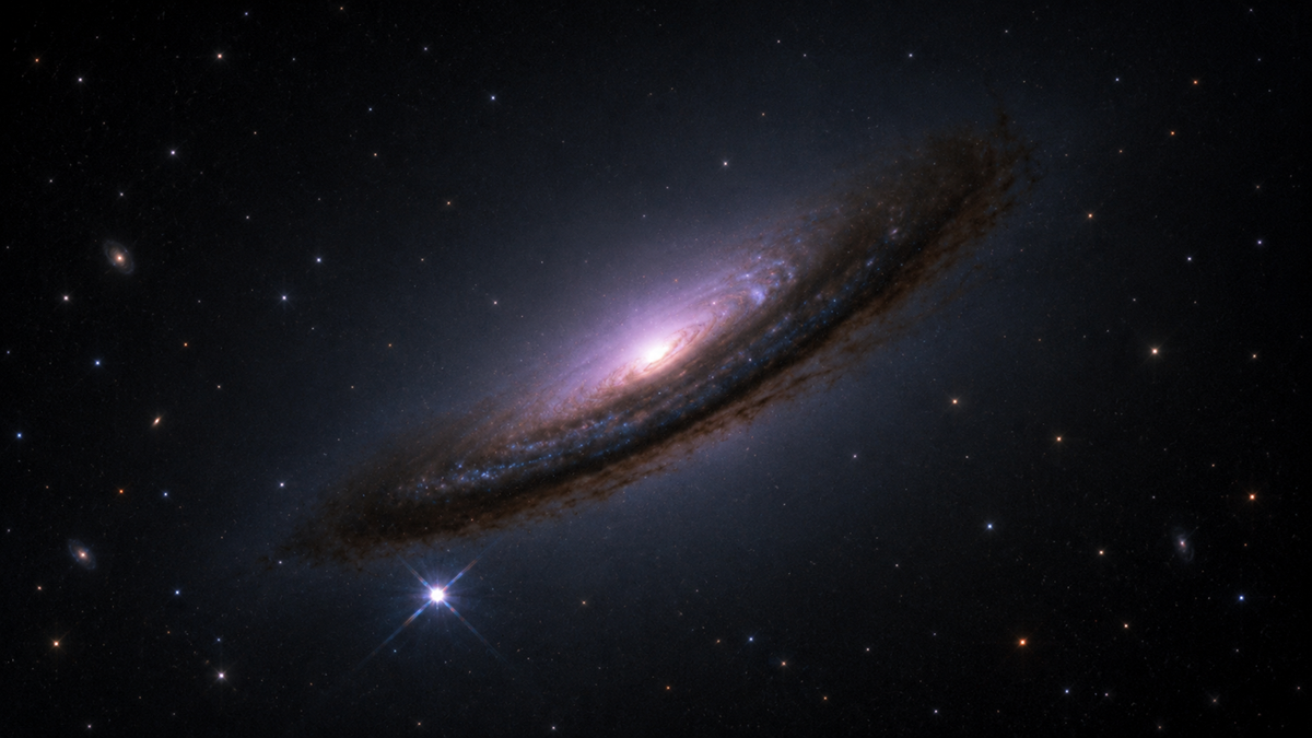 A large, spiral galaxy tilted at an angle, glowing with a bright center and dark dust lanes, set against a star-filled night sky.