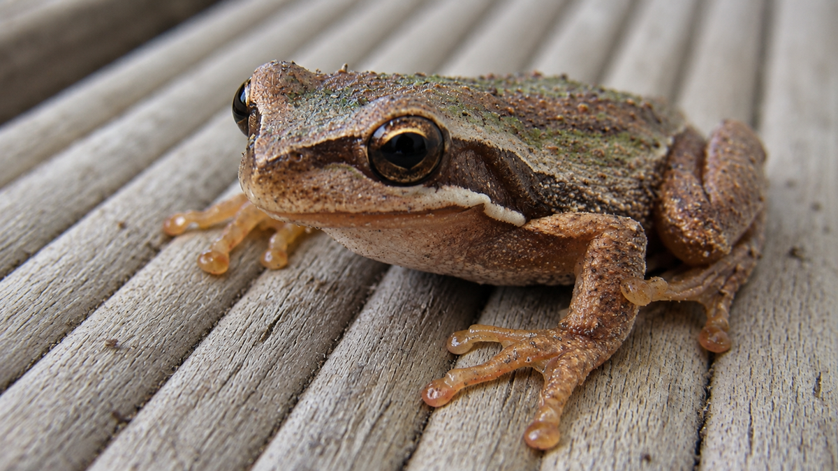 A small brown frog with dark, textured skin resting on a wooden deck.