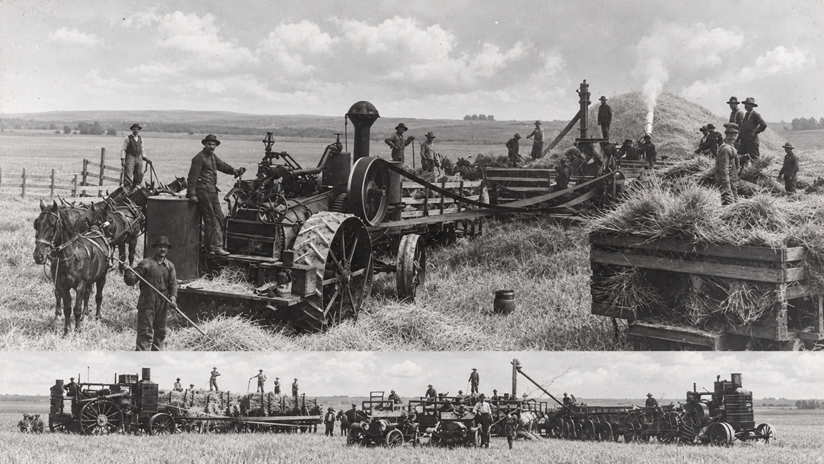 A historical black-and-white composite image showing a steam-powered threshing machine in a field with a crew of men and teams of horses harvesting grain.