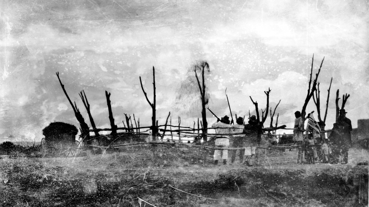 A group of people standing behind a wooden fence in a field with bare trees.