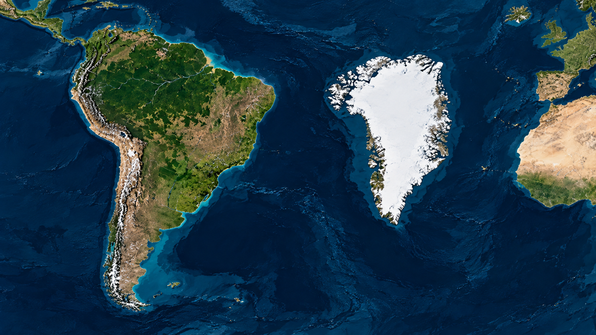 A satellite view of South America, Greenland, and parts of Africa and Europe across the Atlantic Ocean.