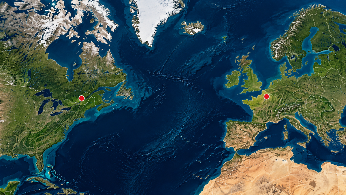 Satellite view of the Atlantic Ocean with red location markers over the northeastern United States and northern France.