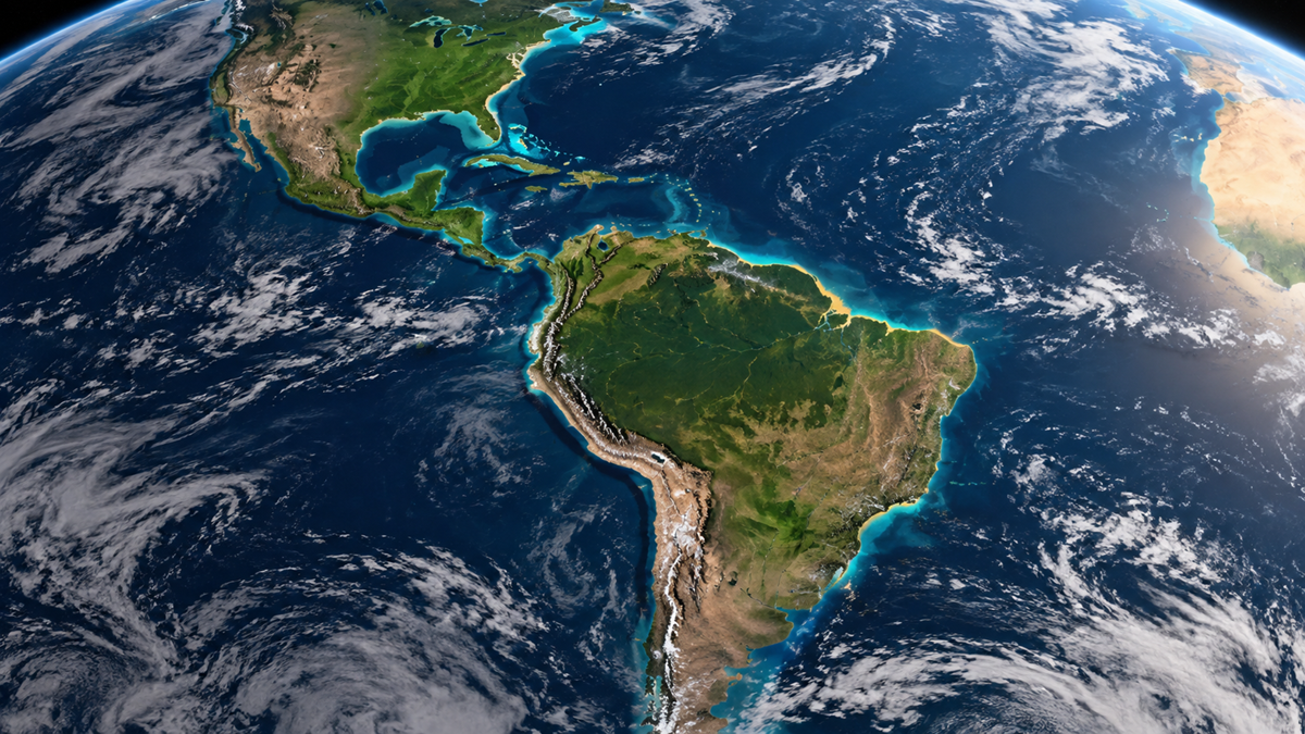 Planet earth Facts. A satellite view of North and South America from space, showing the continents surrounded by the blue ocean and scattered clouds.