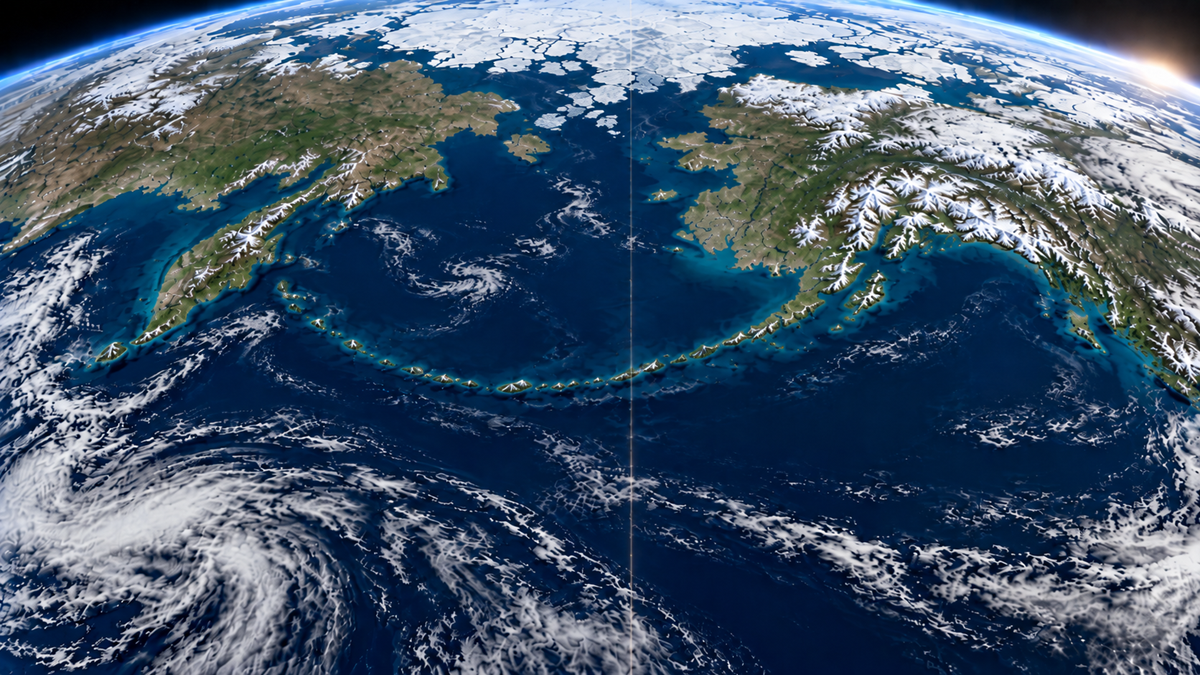Satellite view of the North Pacific Ocean, showing the Aleutian Islands stretching between Alaska and the Russian Far East.