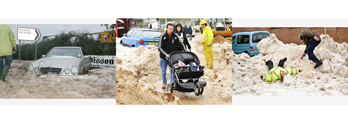 A triptych showing a car submerged in deep hail, a man pushing a stroller through a hail-covered street, and a person lying in the deep hail.