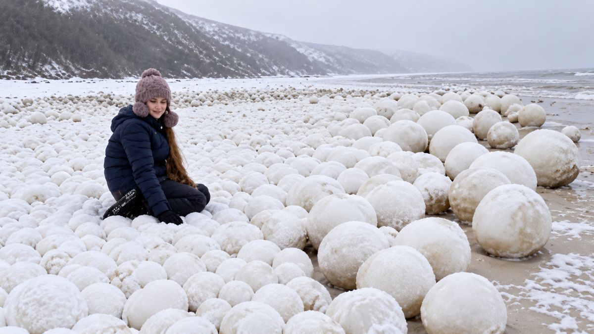A woman in a winter coat and hat sits on a snowy beach among numerous large, natural ice spheres.